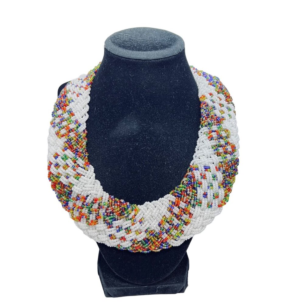 Vintage African Weaved Glass Seed Bead Collar Necklace (5456)